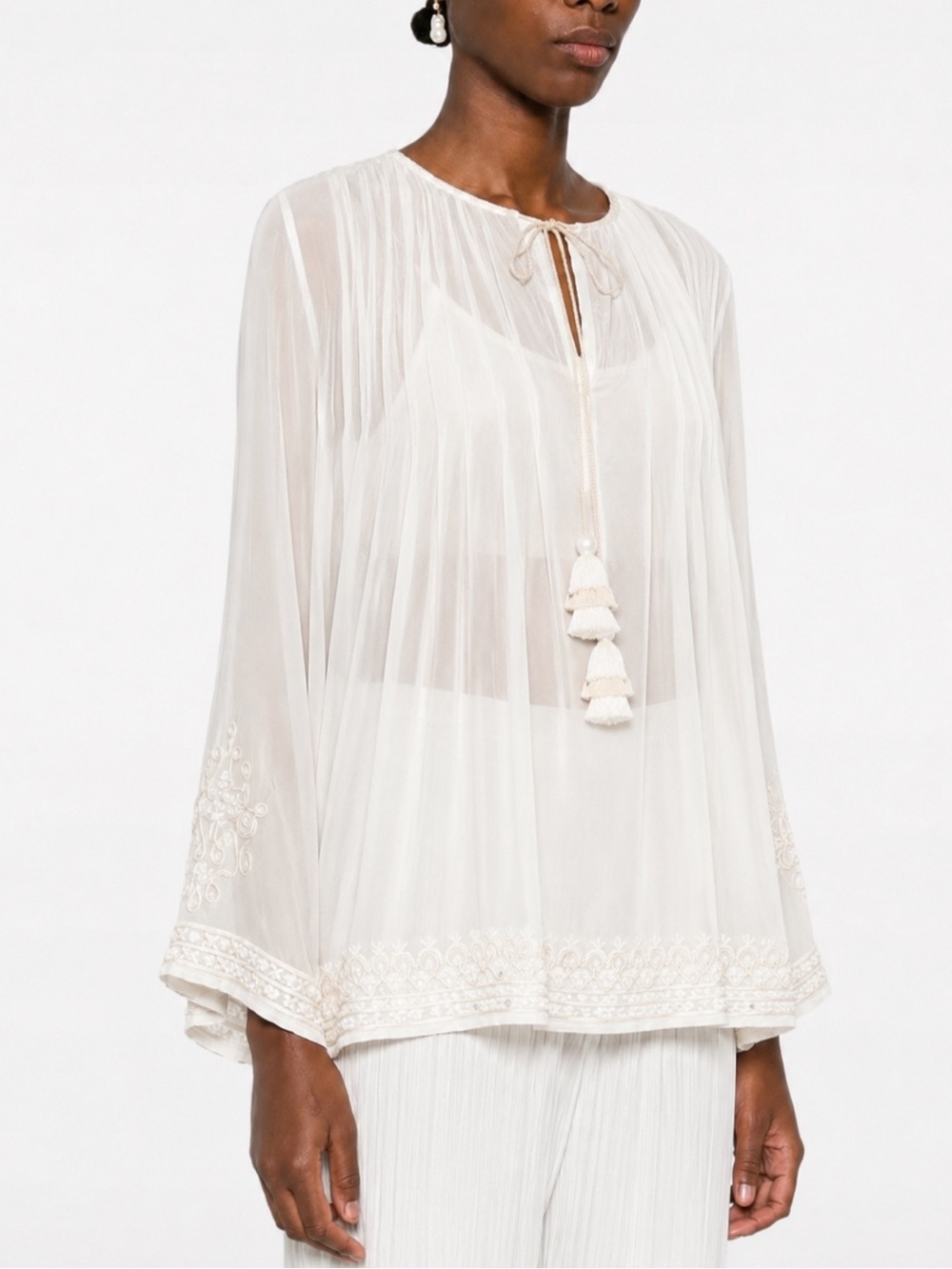NWOT TAJ by Sabrina Crippa 100% Silk Ivory Beaded Tunic M Luxury Resort Blouse